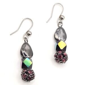 Gunmetal AB Iridescent Cube Red Pavé Rhinestone and Hematite Dangle Earrings